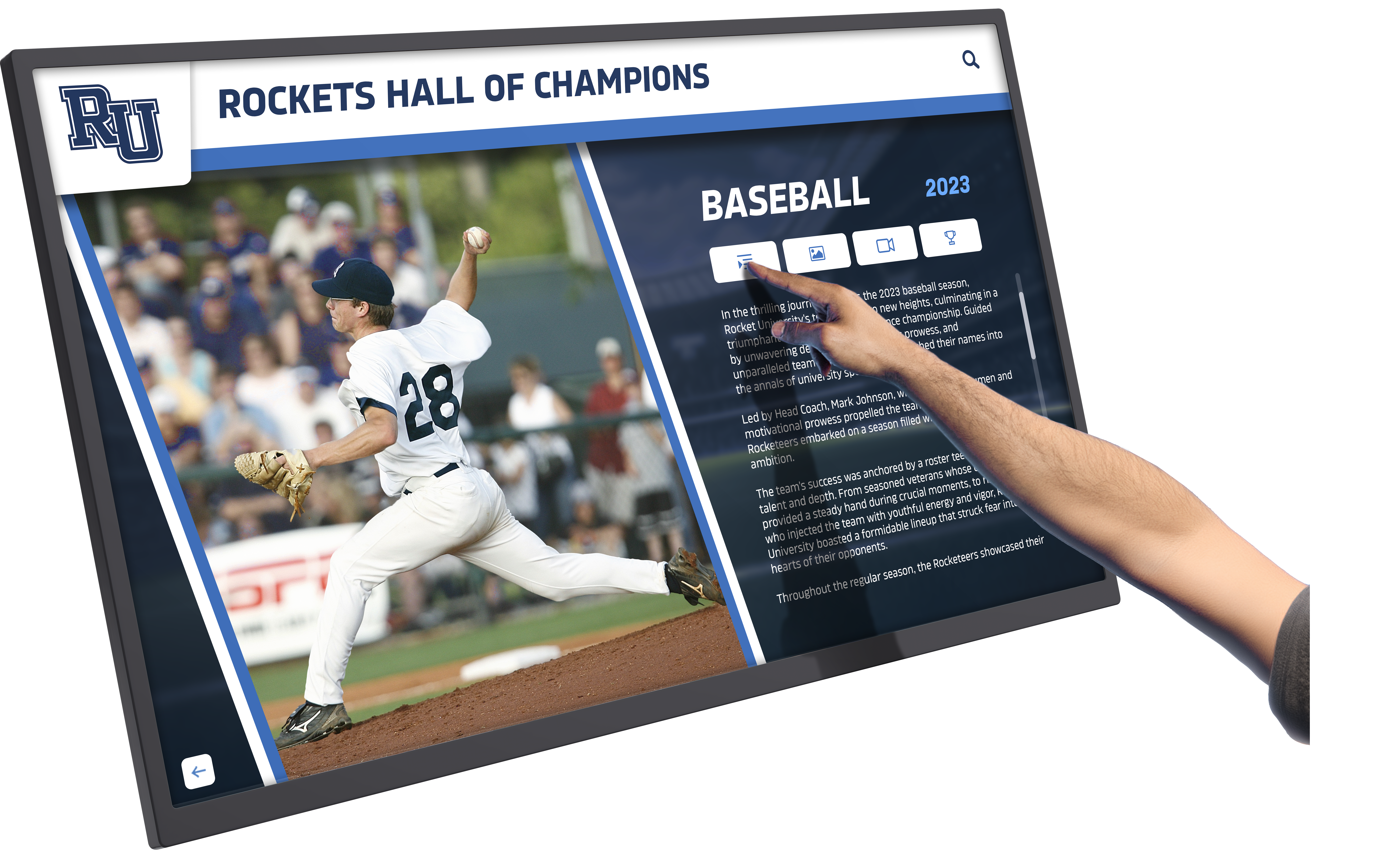 User engaging with detailed athlete profile and statistics Hand pointing at touchscreen display