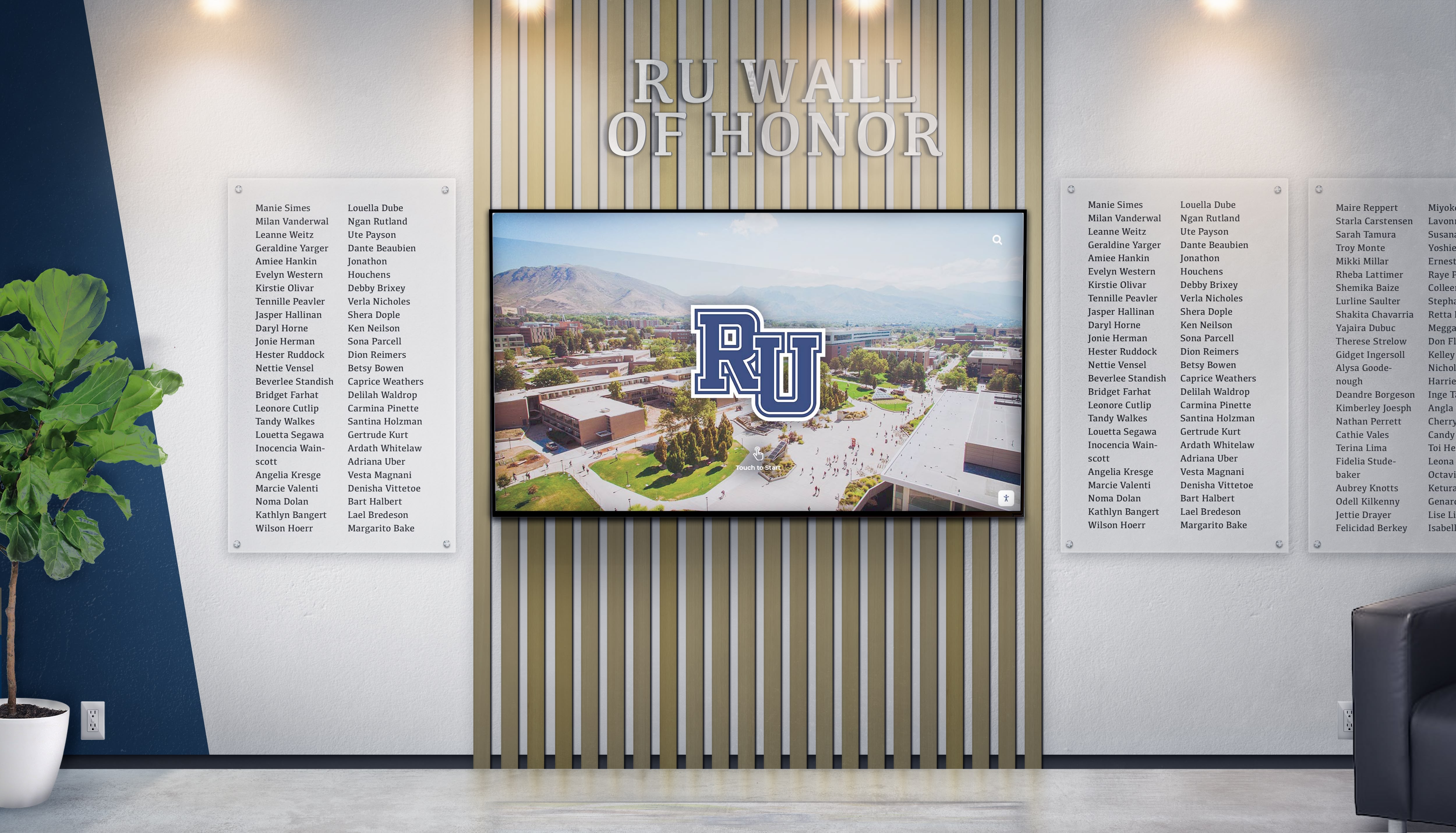 Digital wall of honor with aerial campus view and name recognition