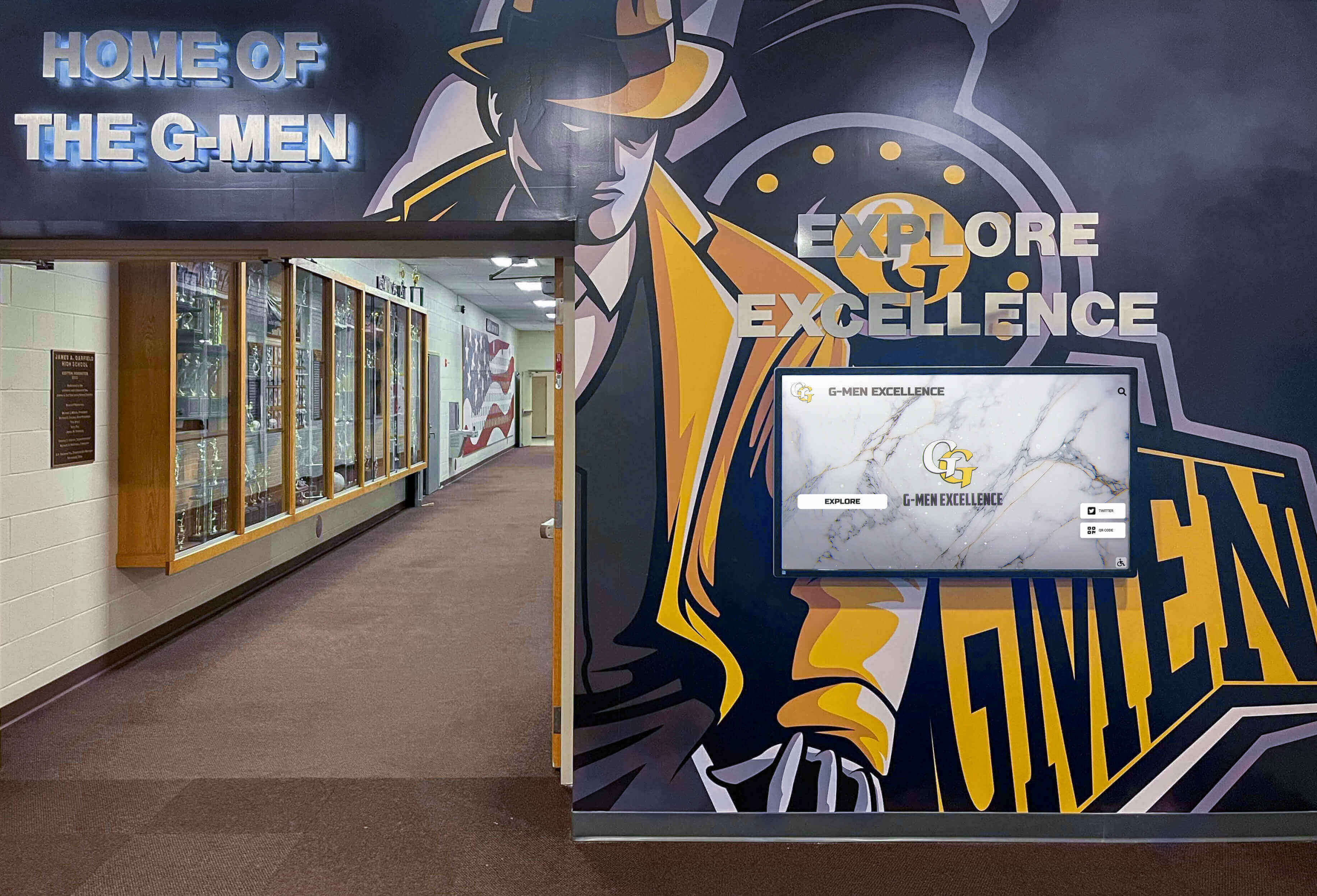 Athletic display in school hallway